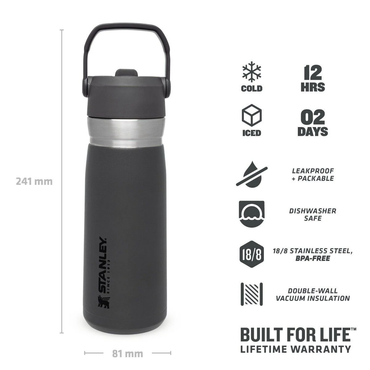 Stanley The IceFlow Flip Straw Water Bottle 650 Ml Charcoal - Afbeelding 2